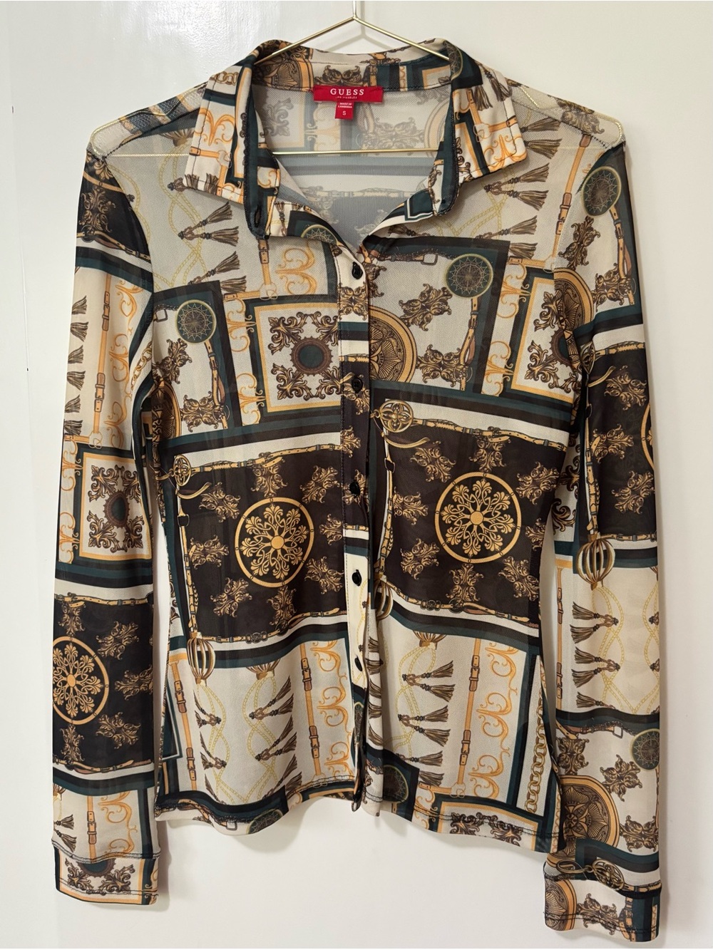 Guess| Cream, Black & Gold Semi-Sheer Printed Button-Down Shirt Sz S
